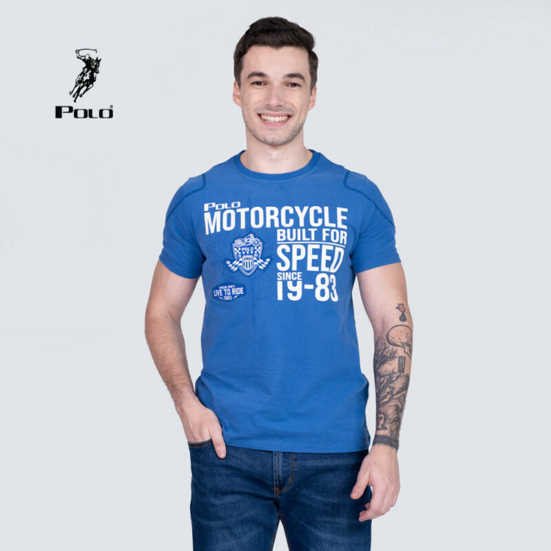 Polo Haus - Men’s Regular Fit Motorcycle Racing Theme Graphic T-Shirt (grey blue)