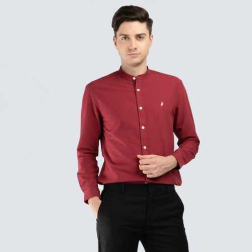 Polo Haus - Men’s Cotton Oxford Plain Mandarin Collar Regular Fit Long Sleeve (red)